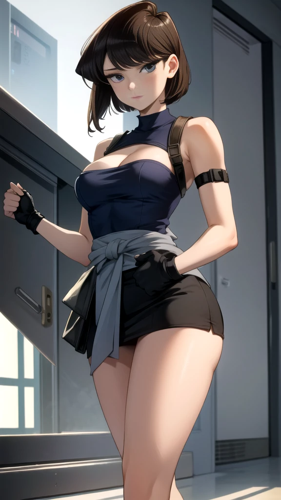 Zirle, Komi Shouko wearing a jill valentine cosplay, 1 girl, chest, arms, gun, skirt, cleavage, Clothing around the waist, blue eyes, fingerless gloves, gloves, short hair, zombie, blonde hair, clock, pencil skirt, sweater around waist, large chest, holding, wristclock, strapless, holding arms, miniskirt, holding gun, handgun, Tube top, black skirt, looking at the viewer, brown hair, lips, boots, focus only, sweater, monster, Are standing