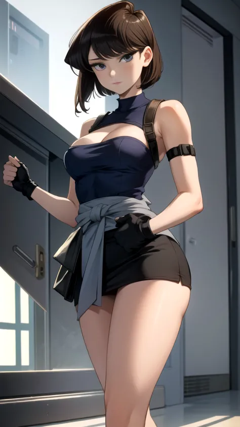 zirle, komi shouko wearing a jill valentine cosplay, 1 girl, chest, arms, gun, skirt, cleavage, clothing around the waist, blue ...