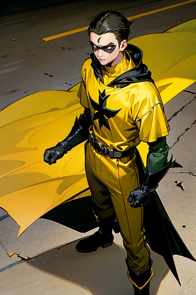 1male , Young Male , Yellow and Red T-Shirt with black fitted longsleeves under , Black Gloves, Green Boots , Robin Symbol on Shirt , Black and Yellow Cape , Black Hero Mask with whites out eyes , Messy Hair , Serious Expression , Standing on sidewalk , Perfect Generation
