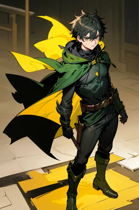 1male , young male  , black gloves, green boots , black and yellow cape , black hero mask with whites out eyes , messy hair , se...