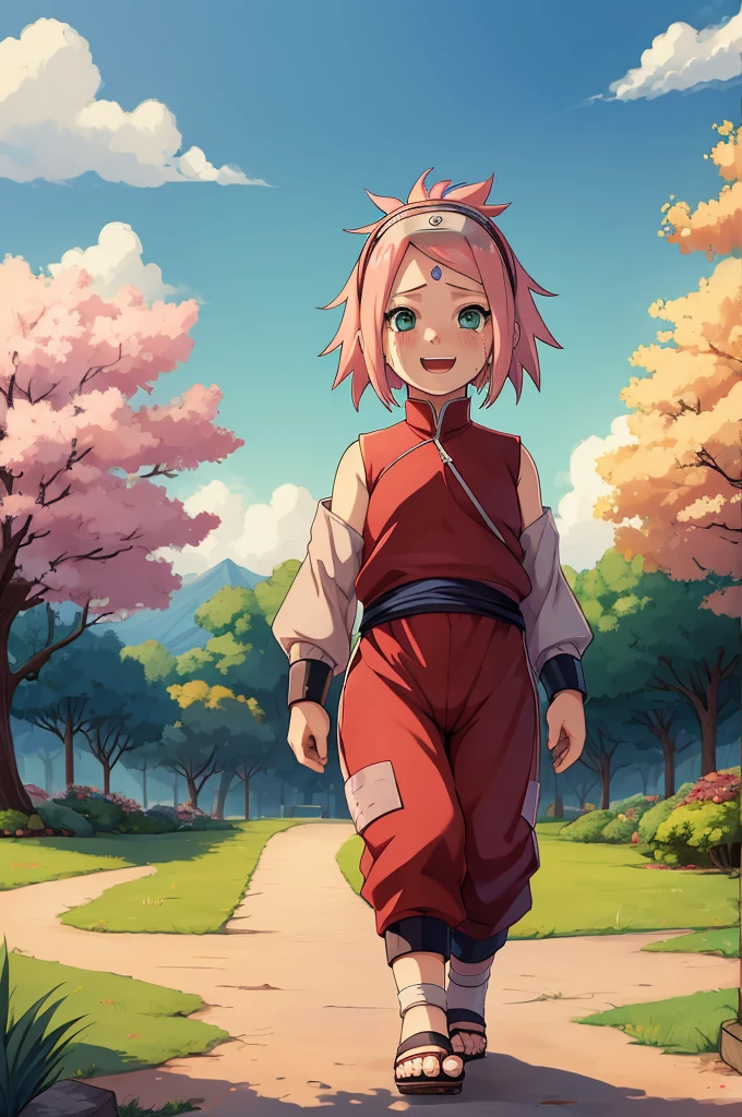 konoha headband on forehead, Nsfw, ((ultra quality)), ((masterpiece)), girl 5 years old, Haruno Sakura as a child, naruto, (on the face (shame:1.0), (sexual arousal:1.0), (fear:0.0)), carefree happy childhood, the girl plays carefree, happy child, Pussy visible, parents hold both hands,  walks hand in hand with parents 