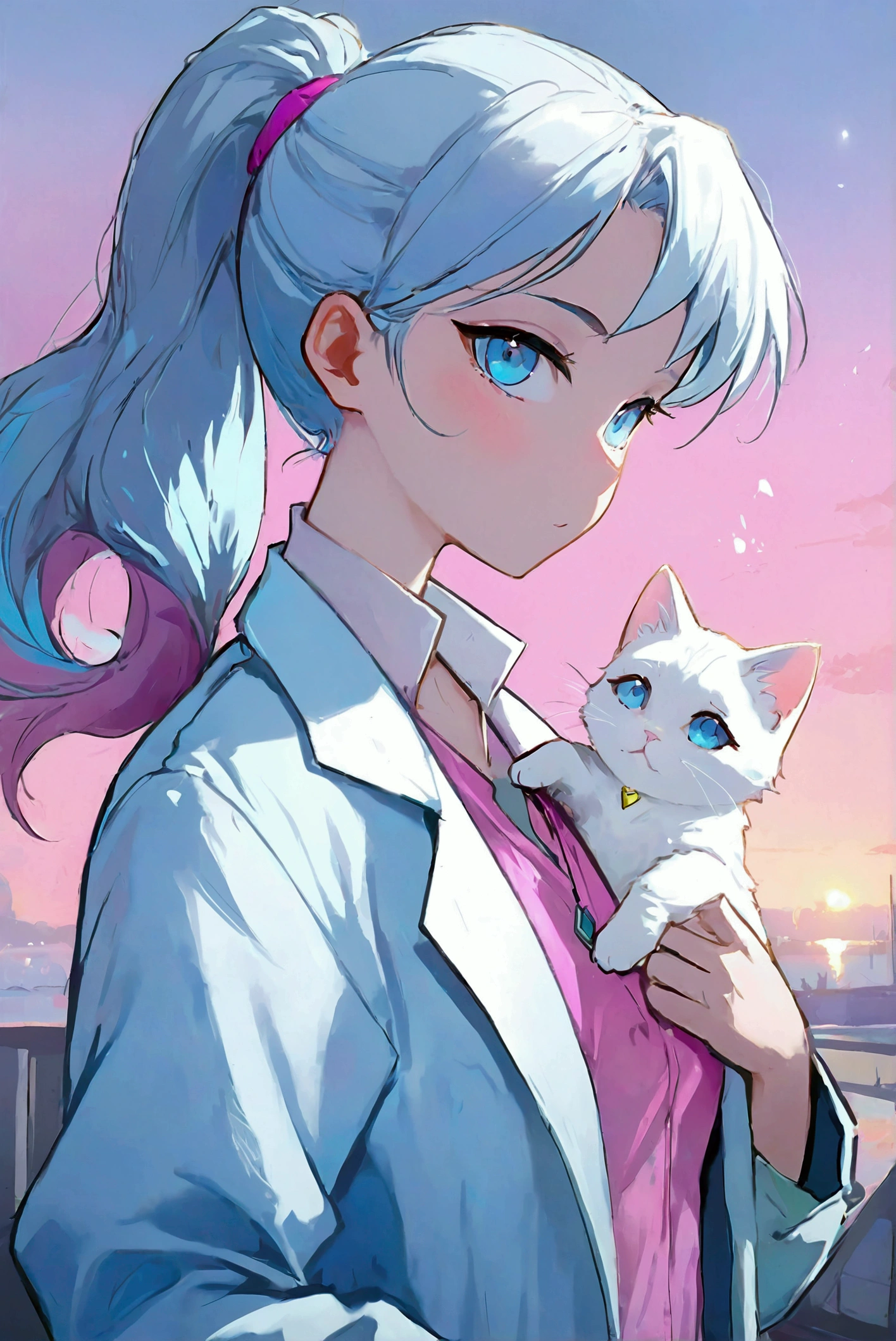 woman with striking blue-gray eyes veterinarian with light blue hair ponytail with pink gradient long , baby blue wick, greyish blue eyes, large cilia, cute 2d drawing style. outfit: fashion blue and pink lab coat stylized with inspiration from the magical girls of league of legends, veterinary pet shop and lake background, white cat close, photorrealistic, oil painting