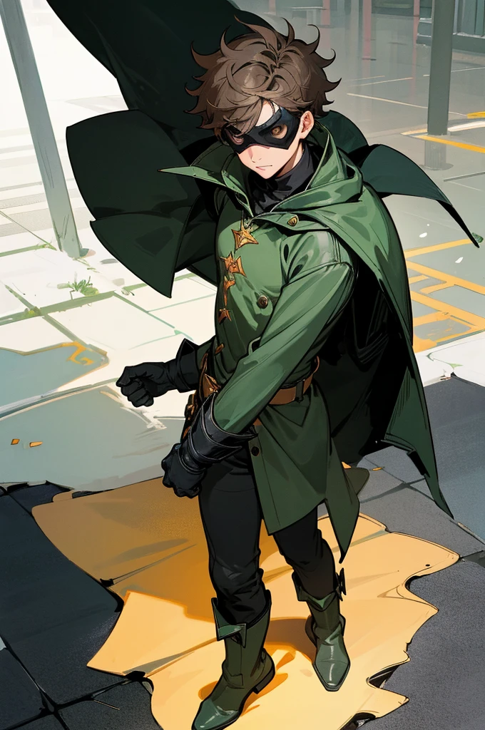 1male , Young Male , Black Gloves, Green Boots ,robin cape (DC) , Black Hero Mask with whites out eyes , Messy Hair , Serious Expression , Standing on sidewalk , Robin outfit (DC)