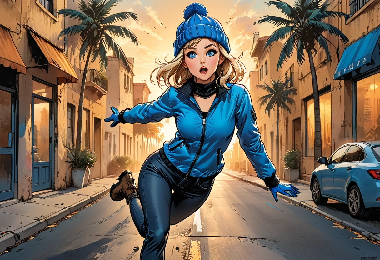 ((fullbody falling girl)), ((shocked)),((fall)), on the street in tropic, street, tropical street, palm trees,  arm extended forward,((falling girl in Blue zipped up down winter jacket and black turtleneck )) and (jeans) and blue gloves and (((blue winter hat)))) and black hiking boots, long legs in the air, adult, [Nordic], Hourglass elongated fitness body, perfect Olive skin, Oval Face, Long neck, Rounded shoulders, perfect hand, Attached Pointed ears, round forehead, (Short blonde Waves pixie hair), snub nose, Arched eyebrows, ((monolid blue Eyes)), High Round Narrow cheekbones, Dimpled Cheeks, Rounded Chin, Rounded Jawline, Full nude Lips, (blue eyes), Nude Makeup Look, long eyelashes, third breast size, long slim fitness legs in the air, graphic style of novel comics, perfect hands, 2d, 8k, hyperrealism, masterpiece, high resolution, best quality, ultra-detailed, super realistic, Hyperrealistic art, high-quality, ultra high res, highest detailed, lot of details, Extremely high-resolution details, incredibly lifelike, colourful, soft cinematic light, jump,