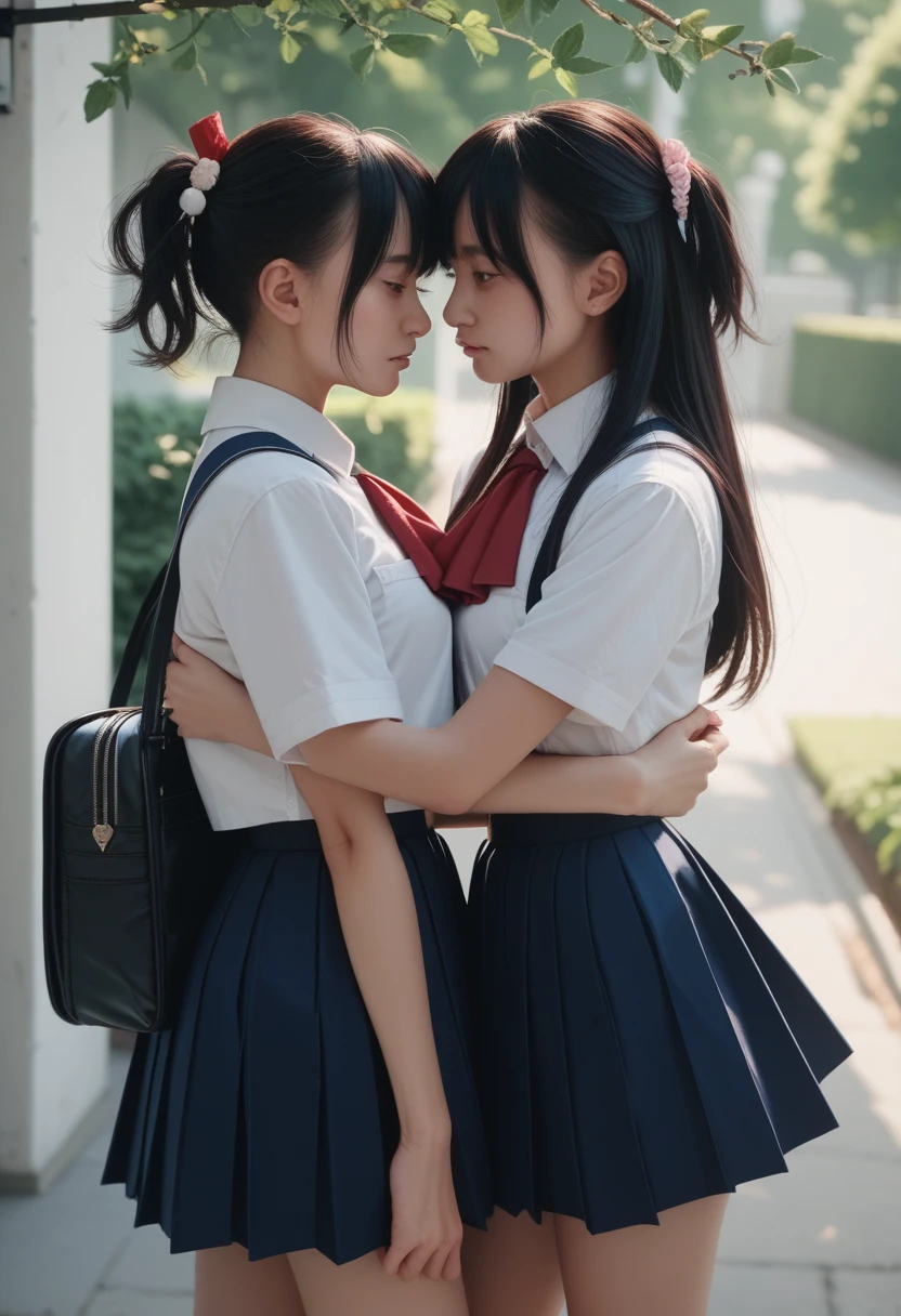 Two Girls,roromiya,ririchiyo,school uniform,Ascot, masterpiece, Highest quality、comminicate、Someone hugs me from behind