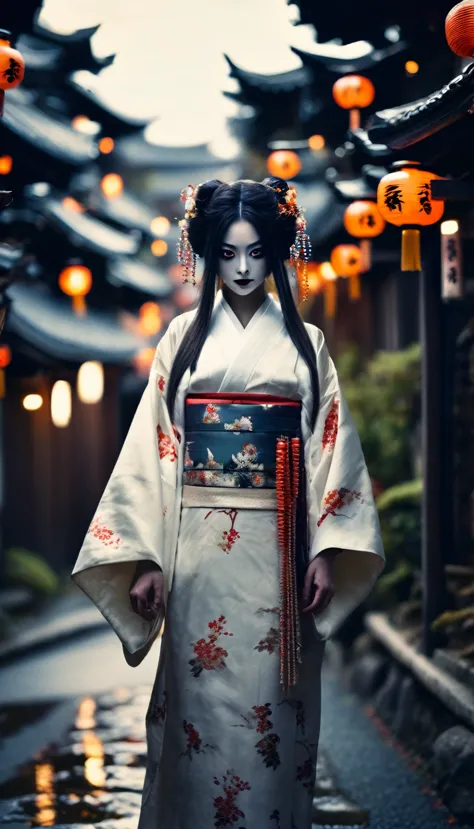 steampunk japanese town、there are a lot of monsters behind、full body shot、horror-themed movie stills,、calm, a female yokai with ...