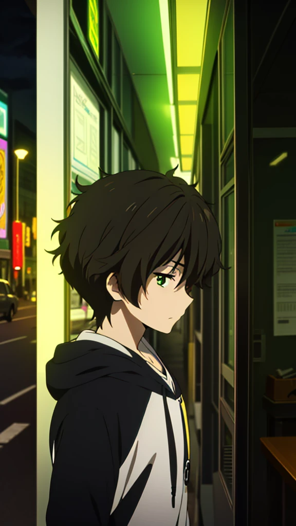 1 boy, brown hair, green eyes, hoodie, random cute face, looking at iphone, closed mouth, side shot, zoom camera, standing against wall , phone in hands, cafe, window, city lights, night room
, anime_coloring,anime_keyvisual, colorful,vivid