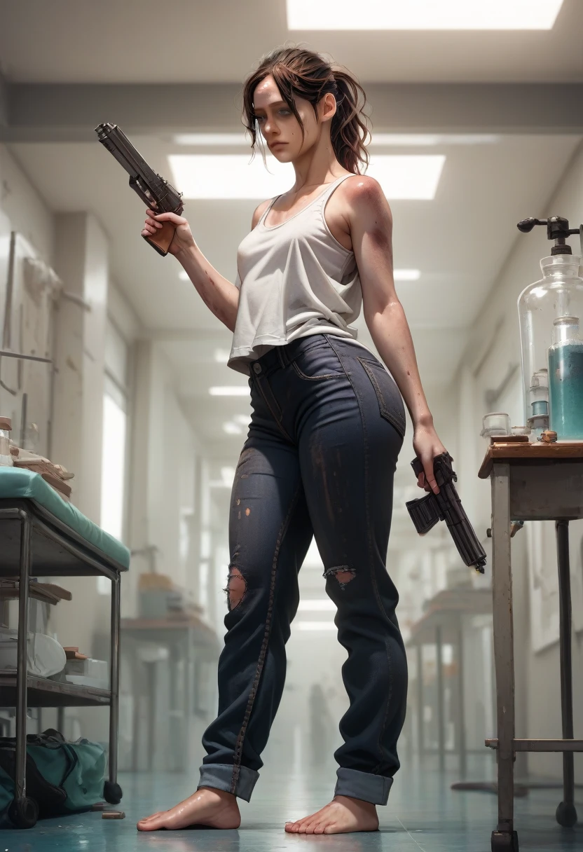 19 y.o., 1 girl, Claire Redfield, very small breast, detailing face, detailing body, big hips, small ass, brown hair, cute, detailing face, source_anime, large laboratory, white tank- top, oversized tank-top, black jeans, barefoot, dirty skin, wounds, bruises, fatigue, dirty hair, fatique on face, standing, medical coat, gun in hand