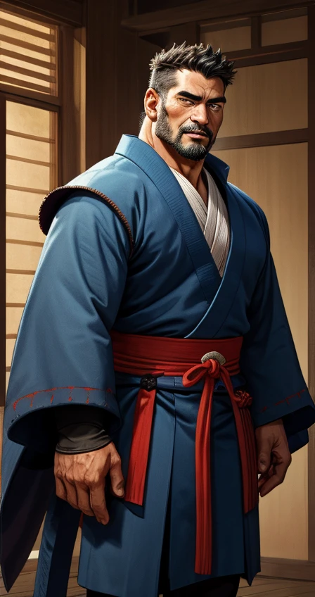 Old muscular samurai suddenly in the modern world