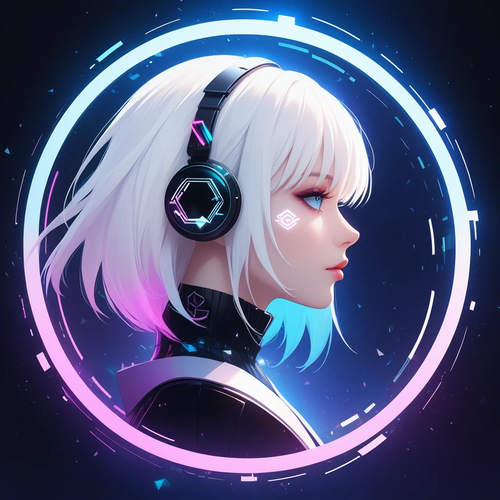 Futuristic, cyberpunkstyle, cool, symbol logo, facial profile, 8k, a girl, white hair, crystals floating in a circle