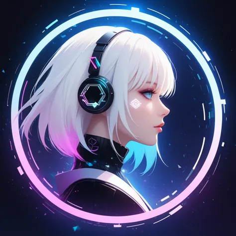 futuristic, cyberpunkstyle, cool, symbol logo, facial profile, 8k, a girl, white hair, crystals floating in a circle