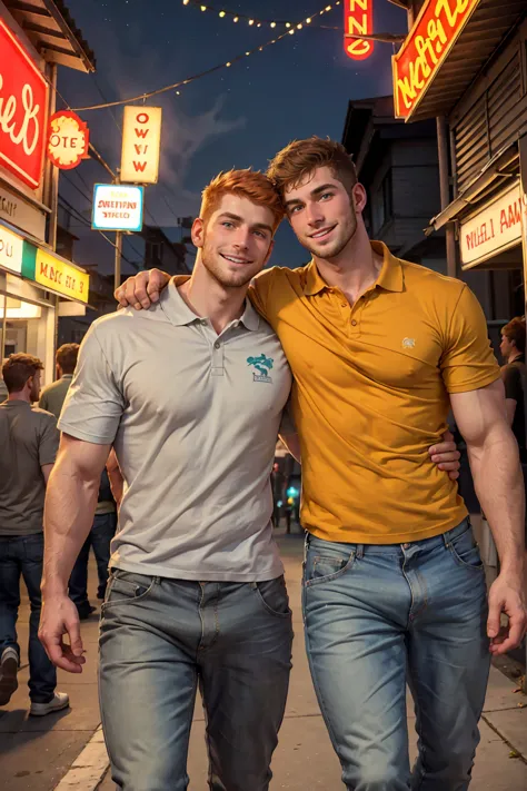 photo-realistic. a tall, muscular, handsome, 24-year-old jock, with orange hair, stubble, and green eyes, wearing a teal, graphi...