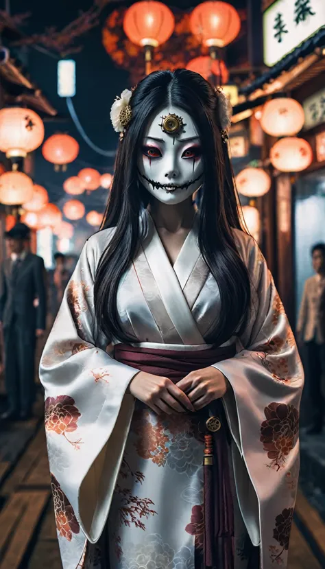 steampunk japanese town、there are a lot of monsters behind、full body shot、horror-themed movie stills,、calm, a female yokai with ...