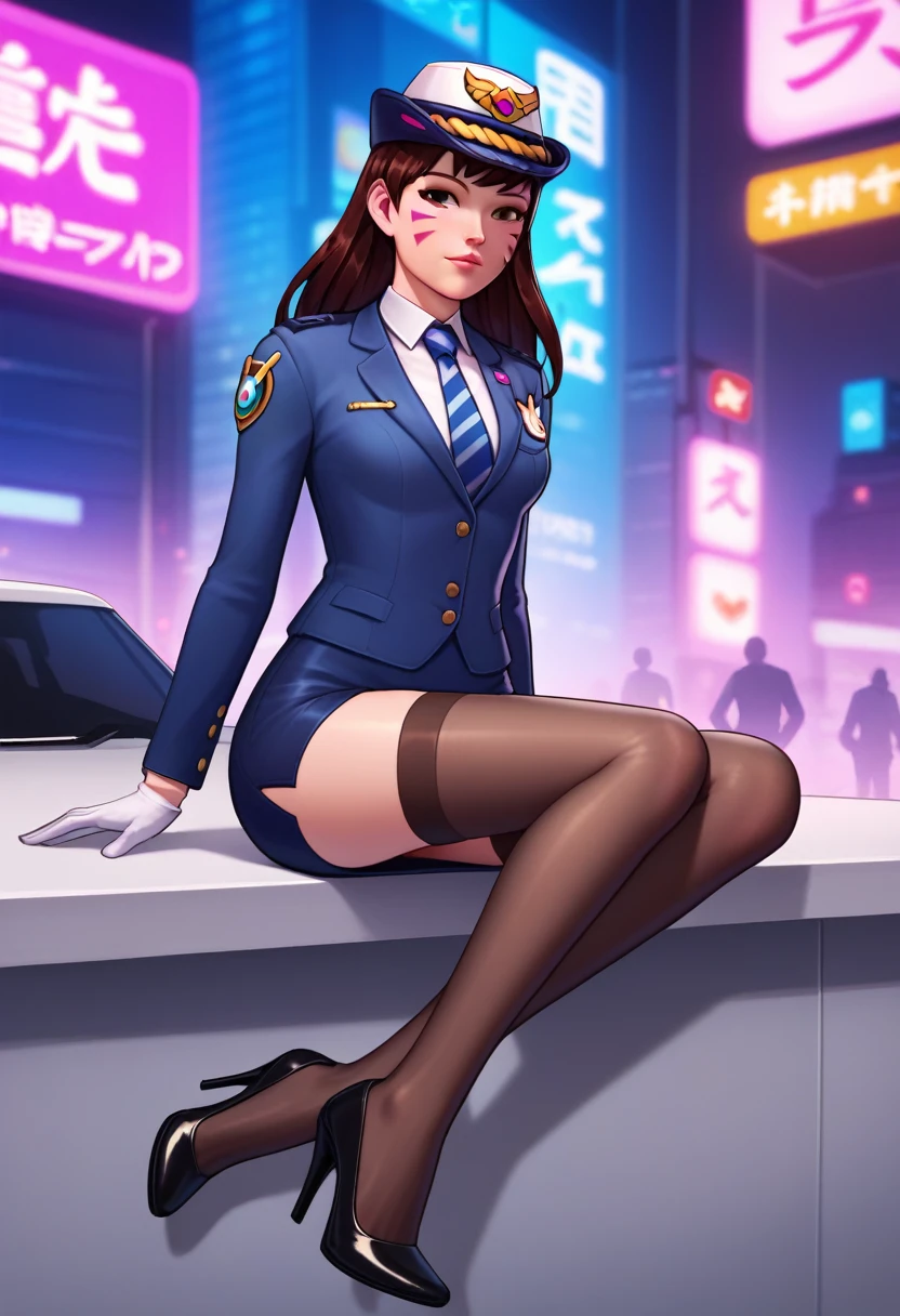 score_9, score_8_up, score_7_up, 1girl, solo focus, officerdva, d.va (overwatch), white gloves, high waisted skirt, bodycon pencil skirt, stockings,  pink whiskers, sitting on police cruiser, city downtown, long sleeves, high heels, (((blazer))), (((suit jacket))), epaulettes, formal, skirt suit