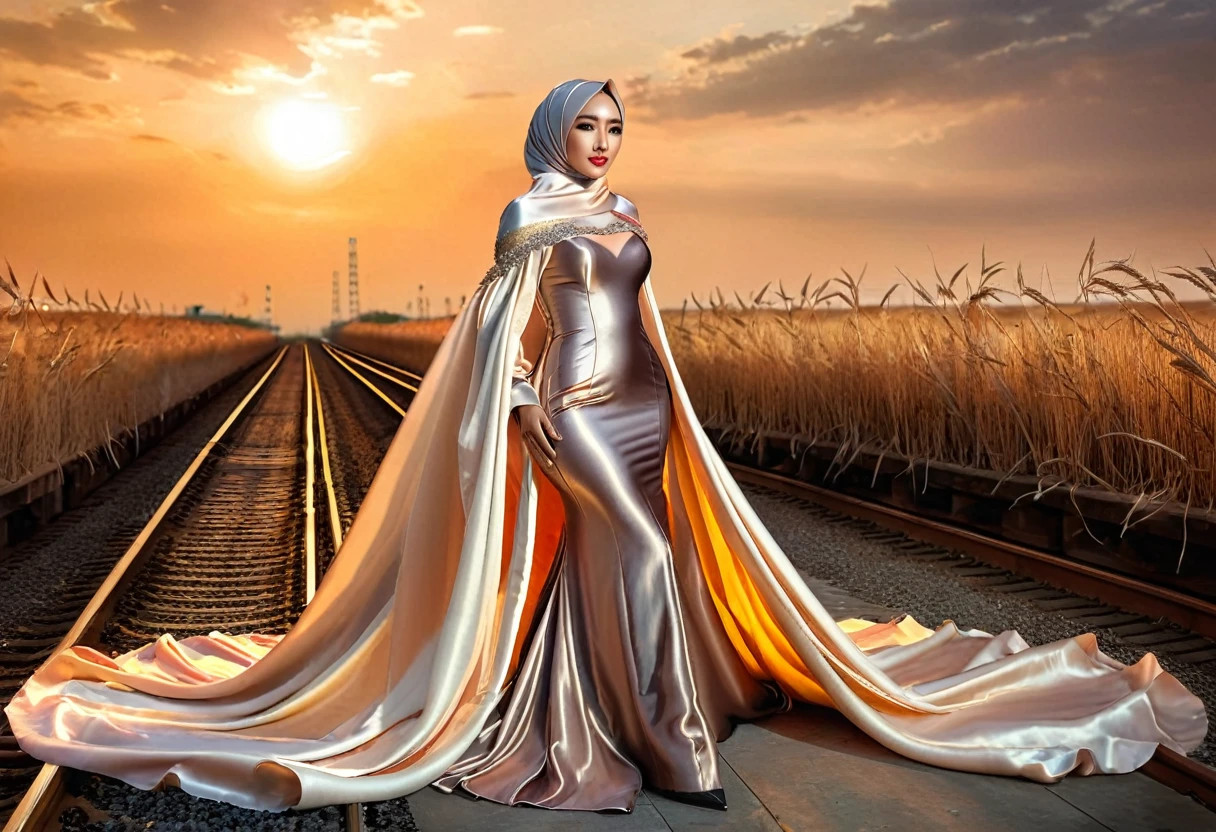 Asian woman in glamorous evening dress, wear modern hijab, wear outer gown,  full-body encapsulation, entirety of fabric about 7 meters in length trailing dramatically, glamours style, overlong train, extreme detail on the texture of the satin, highlighting its reflective quality, wear high heels, sexy random pose outdoor, dramatic lighting, ultra realistic, high-resolution photography.