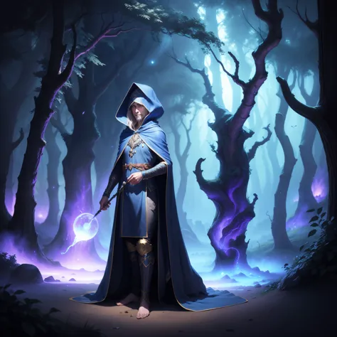 mysterious wizard, dressed in a shimmering indigo robe, standing at the entrance of a hidden magical forest, bathed in the misty...