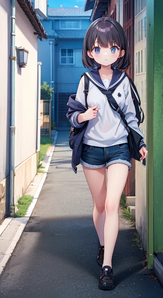 High school girl walking down an alley、Naked in shorts