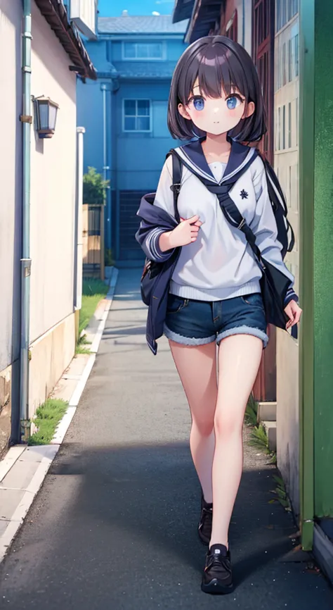 high school girl walking down an alley、naked in shorts