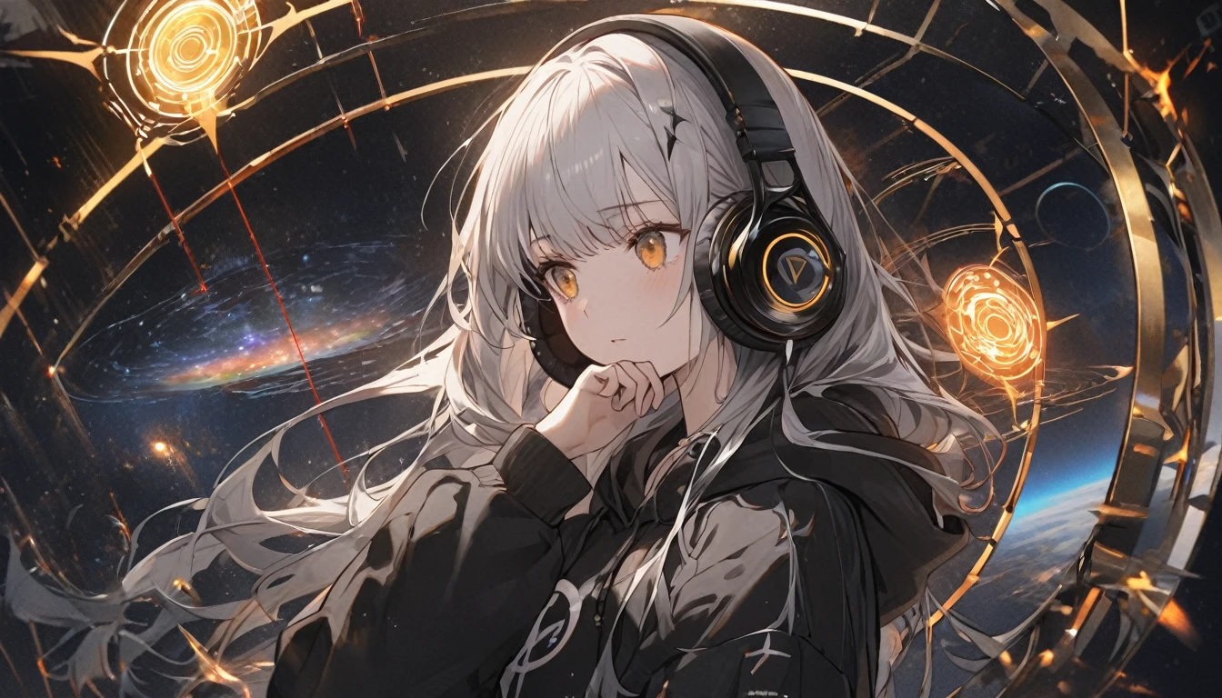 A woman operates a transparent touch panel monitor in the space in front of her face、Silver Hair、Semi-long hair、Put on some cool headphones,{{{{{{{{ Oversized black hoodie }}}}}}}},Beautiful and delicate golden eyes,thought,Black clothes, Detailed Background, Golden Ratio, High resolution burning, 