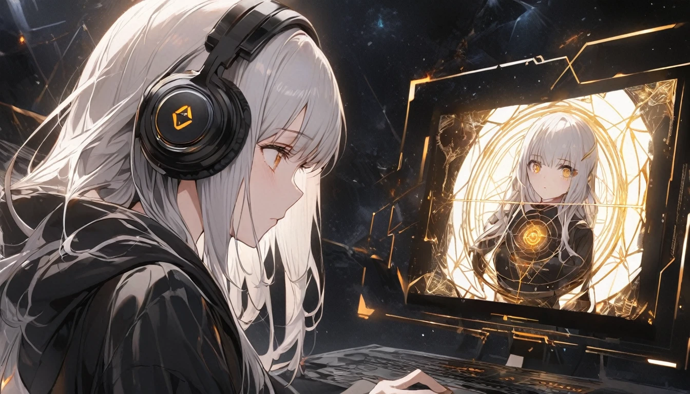 A woman operates a transparent touch panel monitor in the space in front of her face、Silver Hair、Semi-long hair、Put on some cool headphones,{{{{{{{{ Oversized black hoodie }}}}}}}},Beautiful and delicate golden eyes,thought,Black clothes, Detailed Background, Golden Ratio, High resolution burning, 