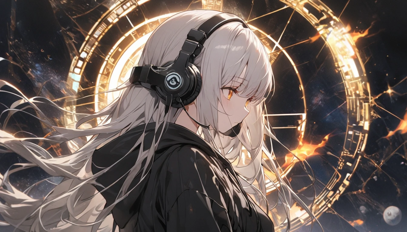 A woman operates a transparent touch panel monitor in the space in front of her face、Silver Hair、Semi-long hair、Put on some cool headphones,{{{{{{{{ Oversized black hoodie }}}}}}}},Beautiful and delicate golden eyes,thought,Black clothes, Detailed Background, Golden Ratio, High resolution burning, 