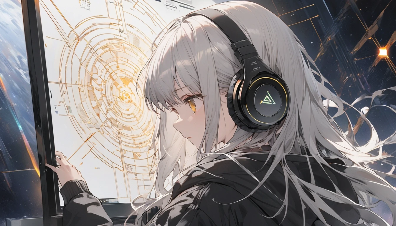 A woman operates a transparent touch panel monitor in the space in front of her face、Silver Hair、Semi-long hair、Put on some cool headphones,{{{{{{{{ Oversized black hoodie }}}}}}}},Beautiful and delicate golden eyes,thought,Black clothes, Detailed Background, Golden Ratio, High resolution burning, 