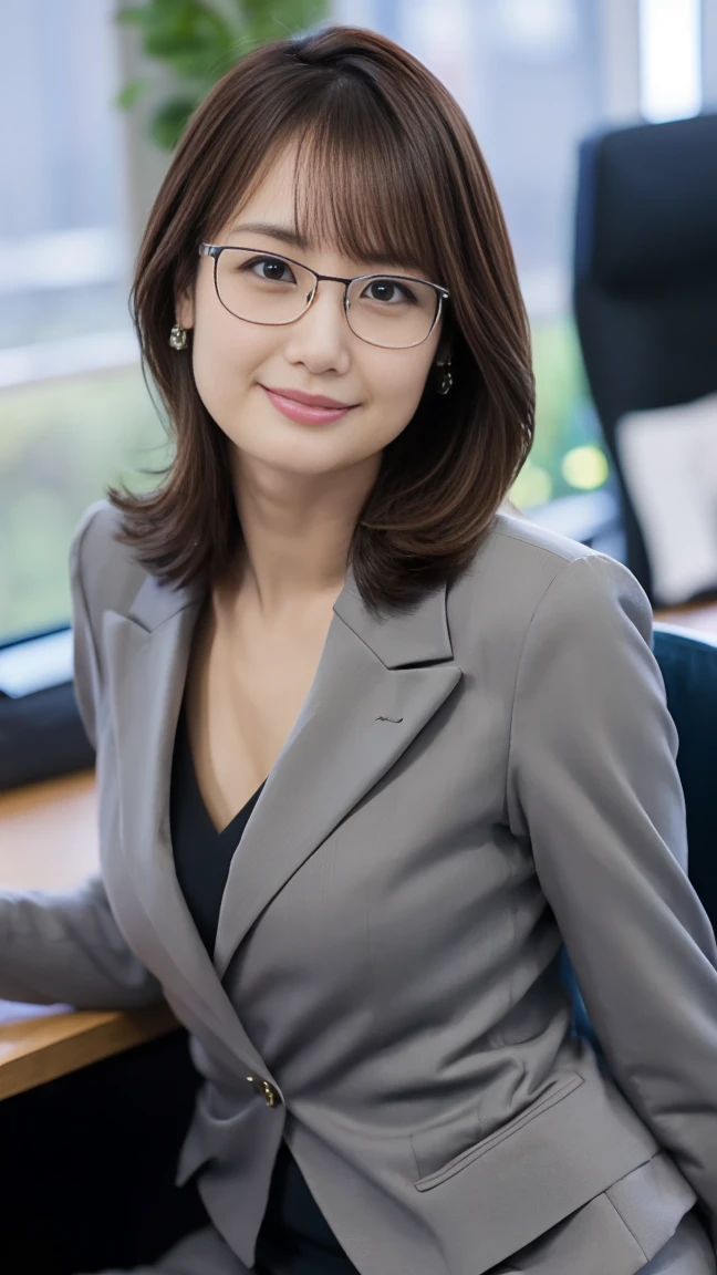 Tabletop, 最high quality, Photorealistic, In detail, High resolution,Beautiful Japanese Women,Beautiful attention to detail, Beautiful lip detail, Highly detailed face, Small Head, Small areola, Cinema Lighting, Realistic, 8k, high quality, Super detailed, look at me,(Office lady in grey suit:1.4),(Office desk),(Medium chest:1.2),(Inoue Seika),thin,Beautiful legs,(Sexy pose:1), (Bokeh:1), Glasses、