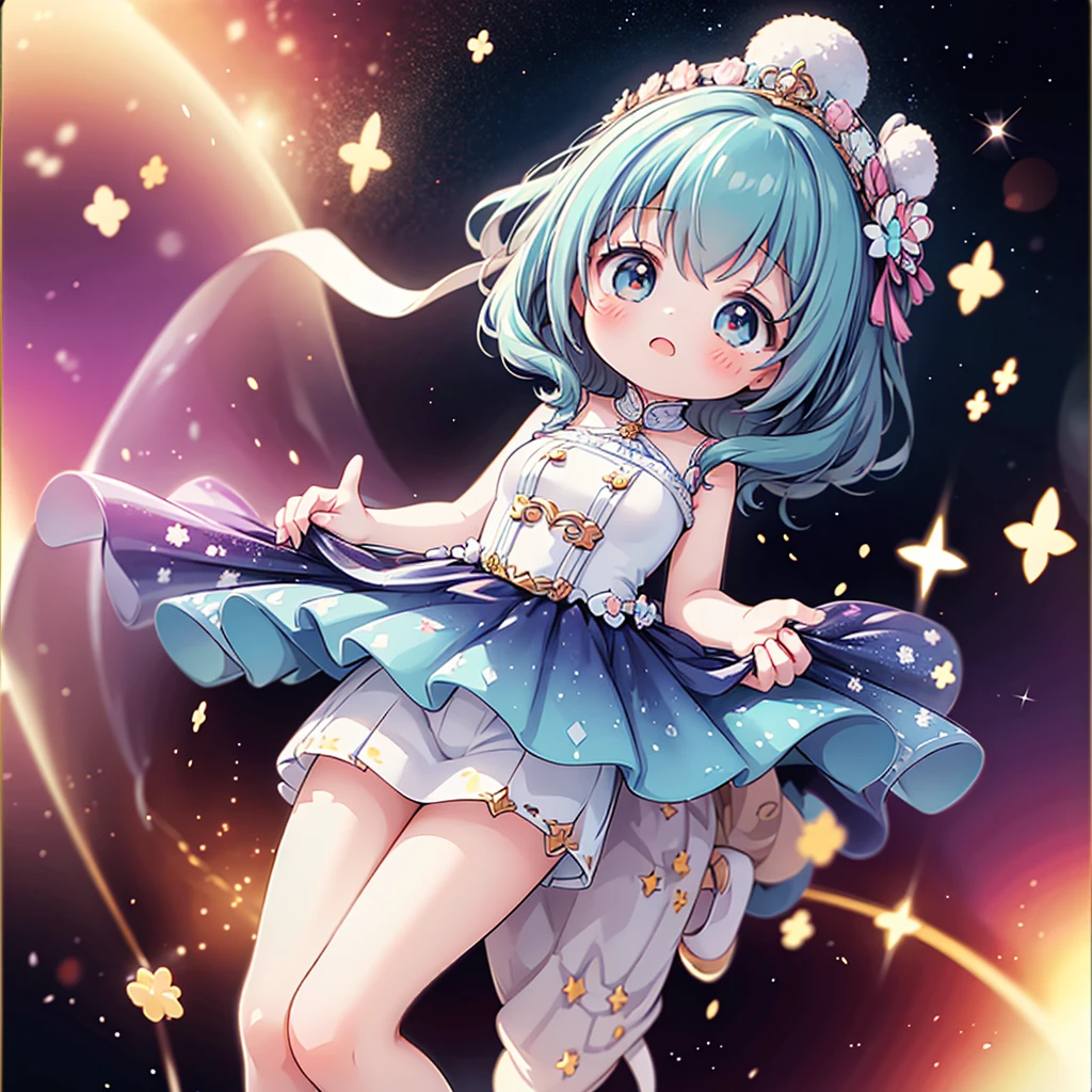 best quality, incredibly absurdres, extremely detailed, 2.5D, delicate and dynamic, chibi, cute girl, wearing baggy clothes, sparkly and vivid color effects, background another dimension