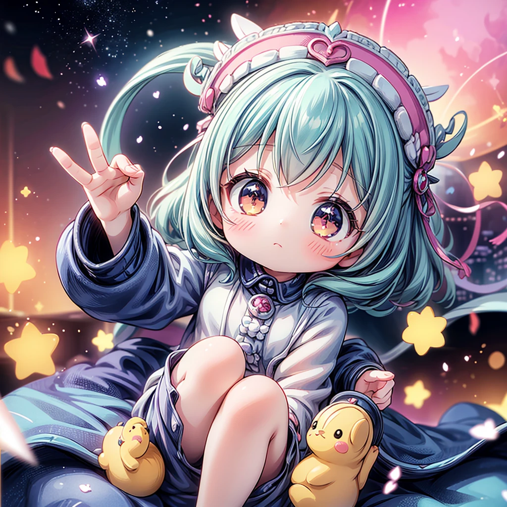 best quality, incredibly absurdres, extremely detailed, 2.5D, delicate and dynamic, chibi, cute girl, wearing baggy clothes, sparkly and vivid color effects, background another dimension