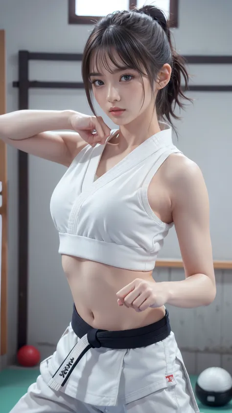 (sporty bra visible)、(((sexy karate singlet)))、female karateka with bangs and a ponytail、the navel and under the chest are visib...