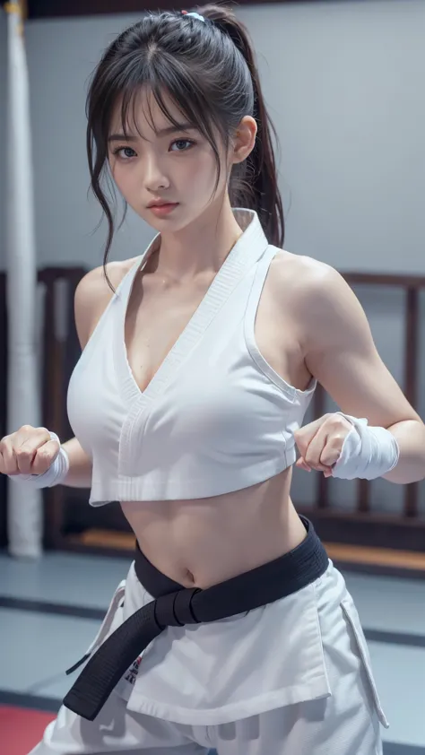 (sporty bra visible)、(((sexy karate singlet)))、female karateka with bangs and a ponytail、the navel and under the chest are visib...