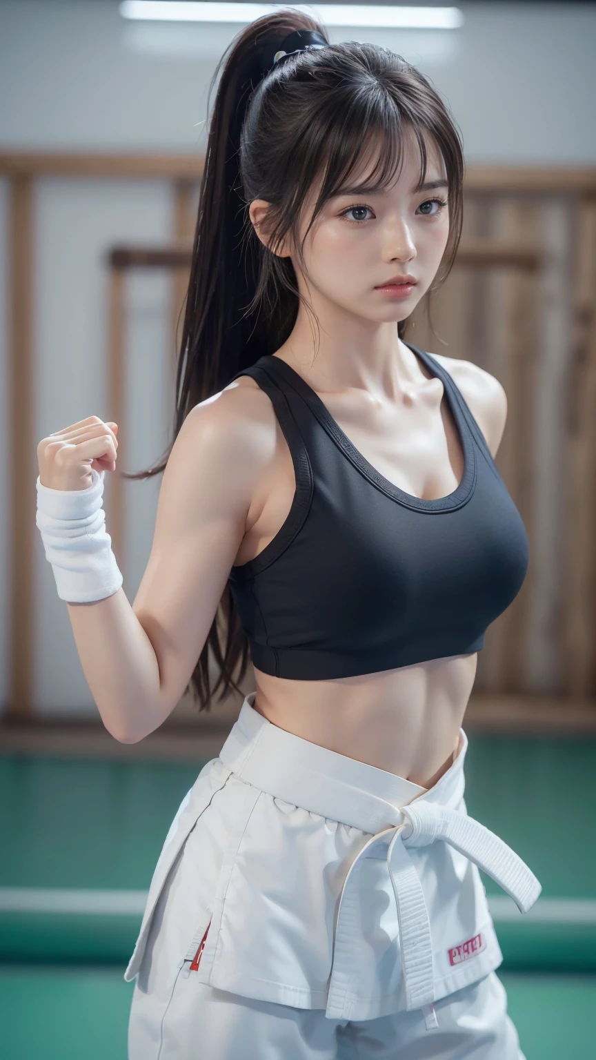 (Sporty bra visible)、(((Sexy Karate Singlet)))、Female karateka with bangs and a ponytail、The navel and under the chest are visible、Glowing Skin、((Embarrassed face))、((Turn away))、((Look to the side))、((Blushing))、(Watery eye)、cry、(((Karate Dojo)))、((Delicate painting))，(Masterpiece detailed RAW photos:1.25), (Highest quality:1.6), (Ultra-high resolution:1.5), (Realistic:1.75), 8k resolution, Canon EOS R5, 50mm, Absurd, Very detailed,Cinema Lighting、((Sporty pants are visible))、(((Take off your pants)))、