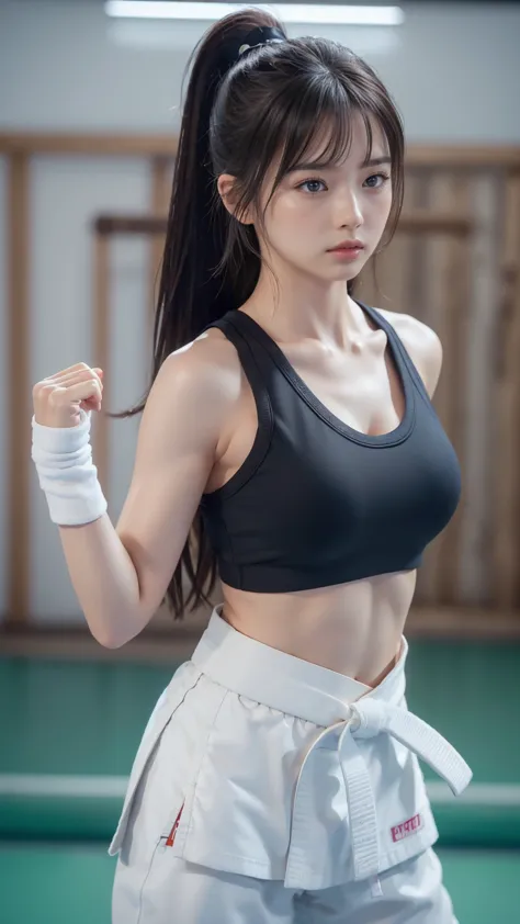 (sporty bra visible)、(((sexy karate singlet)))、female karateka with bangs and a ponytail、the navel and under the chest are visib...