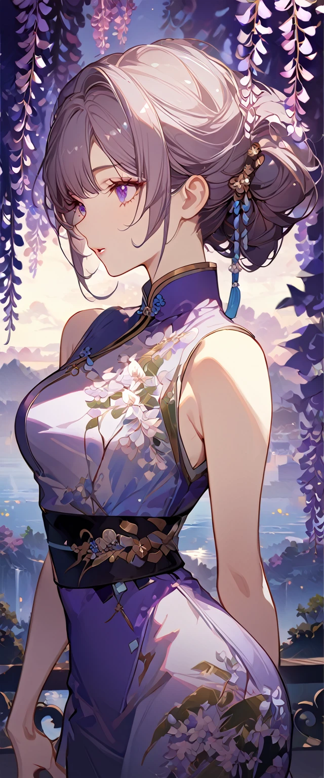 wisteria flower, wisteria tree, wisteria background, 8k ,4k , best quality, high quality, masterpiece, embroidery  clothes, big chest, all kind of hairstyle, inspired by Asukaziye artist : ask, art style : ask