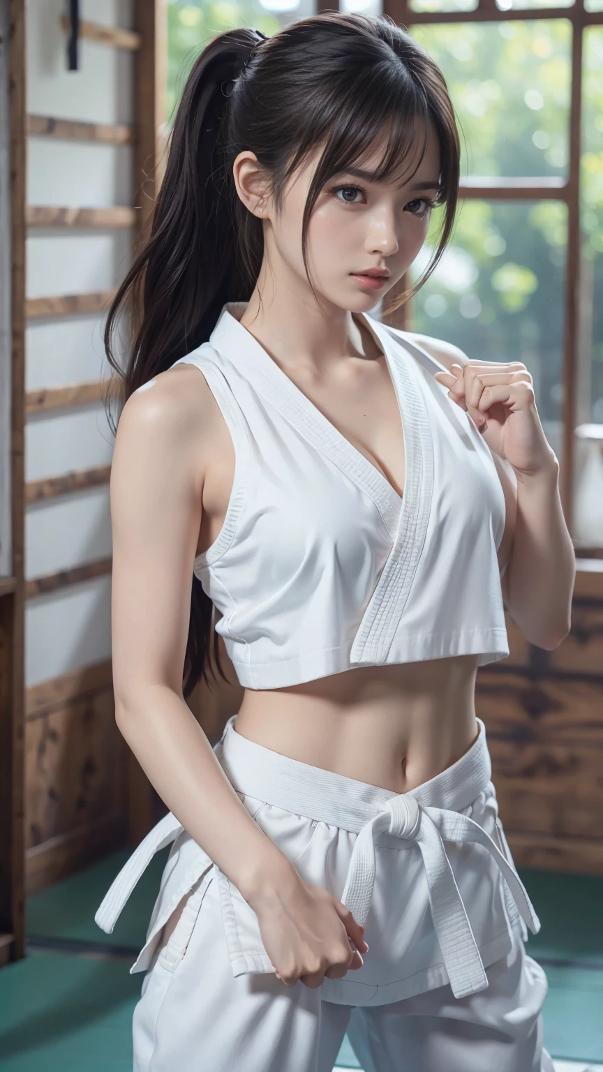 (Sporty bra visible)、(((Sexy Karate Singlet)))、Female karateka with bangs and a ponytail、The navel and under the chest are visible、Glowing Skin、((Embarrassed face))、((Turn away))、((Look to the side))、((Blushing))、(Watery eye)、cry、(((Karate Dojo)))、((Delicate painting))，(Masterpiece detailed RAW photos:1.25), (Highest quality:1.6), (Ultra-high resolution:1.5), (Realistic:1.75), 8k resolution, Canon EOS R5, 50mm, Absurd, Very detailed,Cinema Lighting、((Sporty pants are visible))、(((Take off your pants)))、