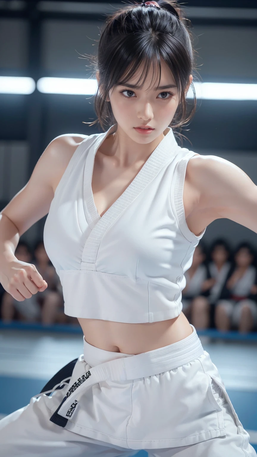 (Sporty bra visible)、(((Sexy Karate Singlet)))、Female karateka with bangs and a ponytail、The navel and under the chest are visible、Glowing Skin、((Embarrassed face))、((Turn away))、((Look to the side))、((Blushing))、(Watery eye)、cry、(((Karate Dojo)))、((Delicate painting))，(Masterpiece detailed RAW photos:1.25), (Highest quality:1.6), (Ultra-high resolution:1.5), (Realistic:1.75), 8k resolution, Canon EOS R5, 50mm, Absurd, Very detailed,Cinema Lighting、((Sporty pants are visible))、(((Take off your pants)))、