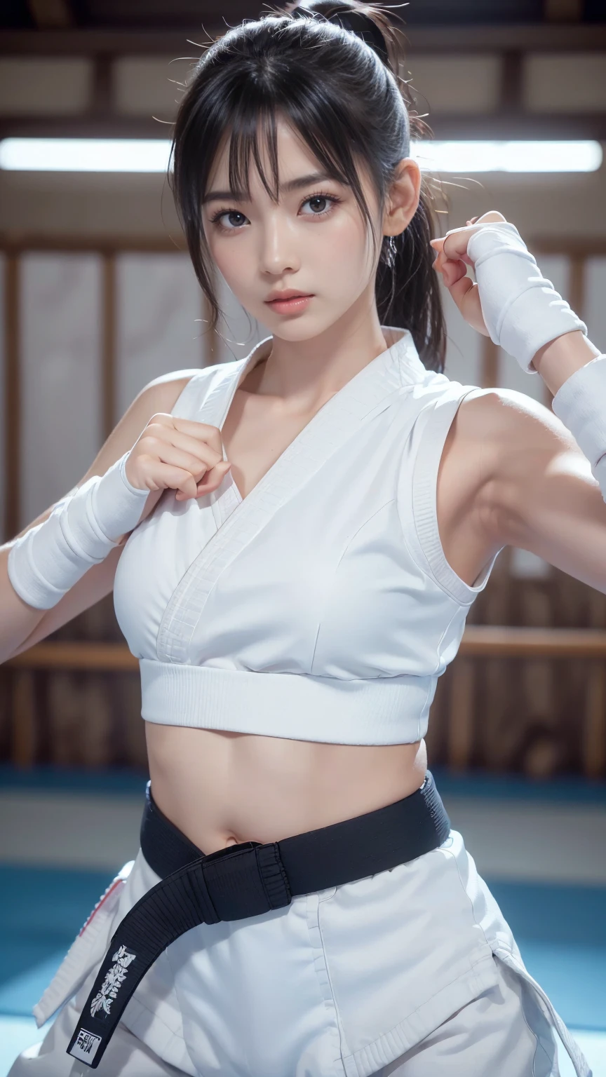 (Sporty bra visible)、(((Sexy Karate Singlet)))、Female karateka with bangs and a ponytail、The navel and under the chest are visible、Glowing Skin、((Embarrassed face))、((Turn away))、((Look to the side))、((Blushing))、(Watery eye)、cry、(((Karate Dojo)))、((Delicate painting))，(Masterpiece detailed RAW photos:1.25), (Highest quality:1.6), (Ultra-high resolution:1.5), (Realistic:1.75), 8k resolution, Canon EOS R5, 50mm, Absurd, Very detailed,Cinema Lighting、((Sporty pants are visible))、(((Take off your pants)))、