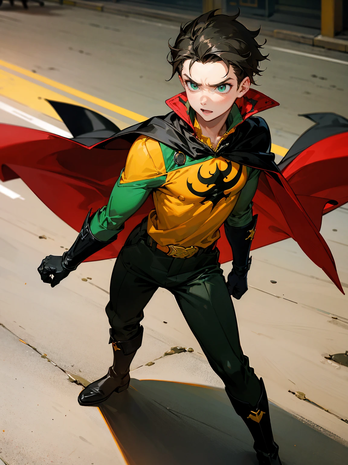 1male , Young Male , Red and Yellow T-Shirt with black fitted long sleeves under , Black Gloves, Green Boots , Robin Symbol on Shirt , Black and Cape , Black Hero mask , Messy Hair , Serious Expression , Standing on sidewalk