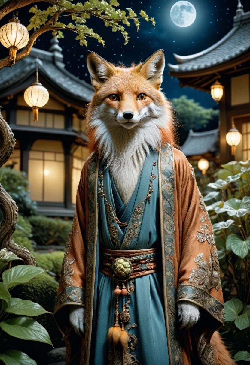 realistic, analog photo, Masterpiece, RAW photo, full-length portrait, hyper realistic, ultra detailed image, Kizune, (mythical Creature of Japanese Mythology And Folklore), detailed portrait of anthropomorphic she-fox, with fox tail, in traditional japan garden, moonlight, little spotlight, fractal, cover, detailed background, depth of field, HOF, hall of fame, detailed beautiful eyes, detailed beautiful face, natural body posture, lifelike skin texture, kodak portra 400, 16k, ultra detailed, bokeh lighting, dark fantasy atmospheric, fantasy aura, film grain, cinematic light, cinematic composition, depth of field, rim light