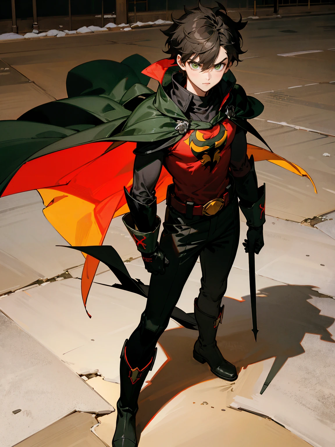 1male , Young Male , Red and Yellow T-Shirt with black fitted long sleeves under , Black Gloves, Green Boots , Robin Symbol on Shirt , Black and Cape , Black Hero mask , Messy Hair , Serious Expression , Standing on sidewalk