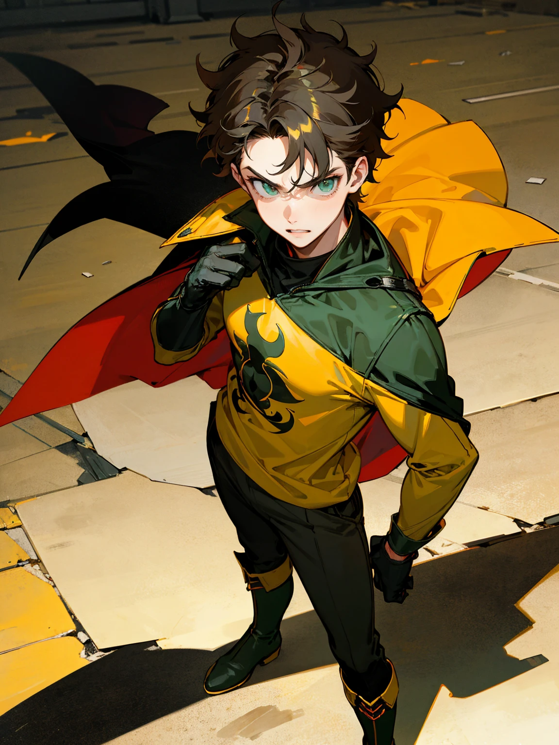 1male , Young Male , Red and Yellow T-Shirt with black fitted long sleeves under , Black Gloves, Green Boots , Robin Symbol on Shirt , Black and Cape , Black Hero mask , Messy Hair , Serious Expression , Standing on sidewalk