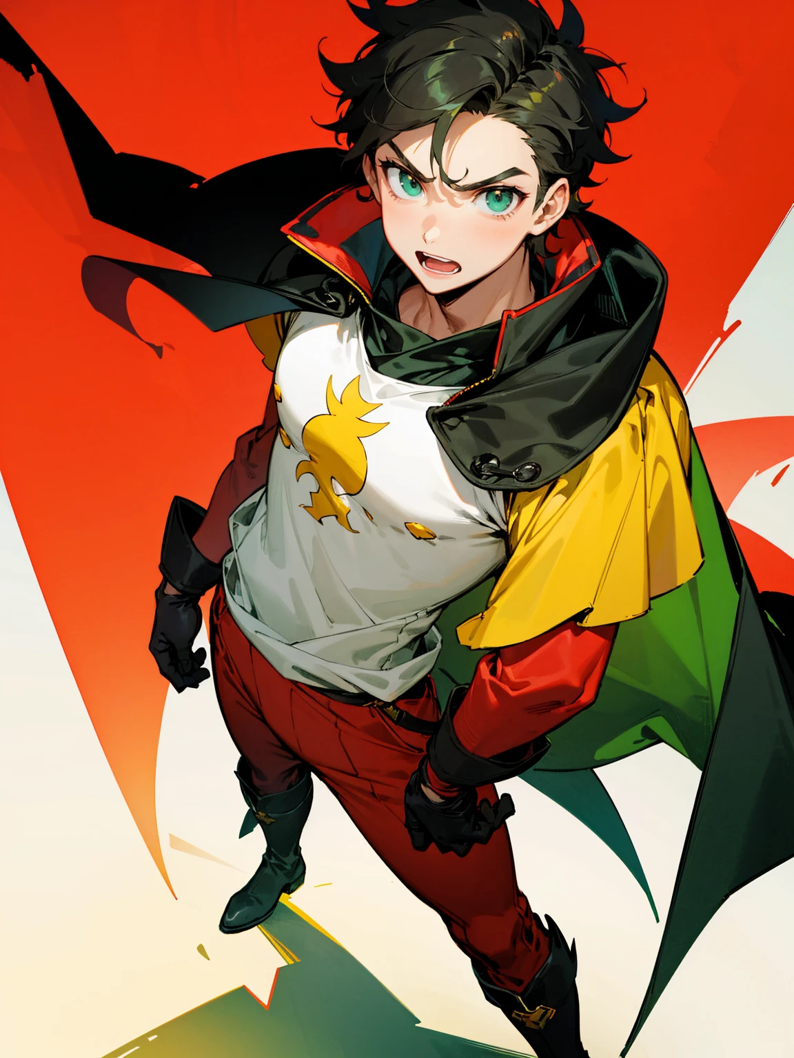 1male , Young Male , Red and Yellow T-Shirt with black fitted long sleeves under , Black Gloves, Green Boots , Robin Symbol on Shirt , Black and Cape , Black Hero mask , Messy Hair , Serious Expression , Standing on sidewalk