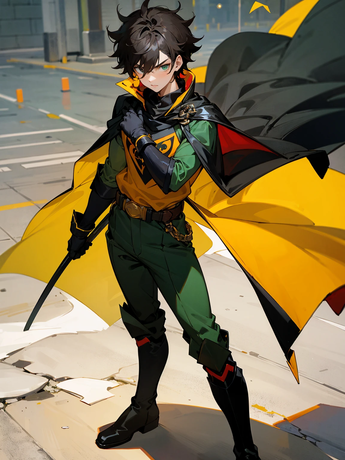 1male , Young Male , Red and Yellow T-Shirt with black fitted long sleeves under , Black Gloves, Green Boots , Robin Symbol on Shirt , Black and Cape , Black Hero mask , Messy Hair , Serious Expression , Standing on sidewalk