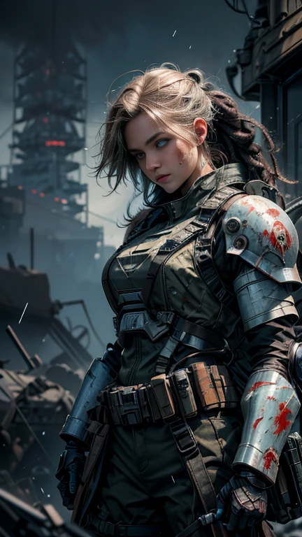 Postapocalyptic combat scene with a Beautiful hyperrealistic photograph of cute Young Swedish woman with Runic tattoos, ((dirty face Blood splattered)), (((wearing full heavy mecha armor, combat harness, Neon highlights))) Short Red Dreadlocks, combat pose, (((Holding on to the side of a combat Sci-Fi Combat helicopter))), exterior of Destroyed building, Fires, Smoke, debris, Camo netting, Ammo Boxes, Rain, Stormy, Wet, abstract beauty, near perfection, pure form, intricate detail, 8k post-production, High resolution, super Detail, trending on ArtStation, sharp focus, studio photos, intricate detail, Very detailed, By Greg Rutkowski