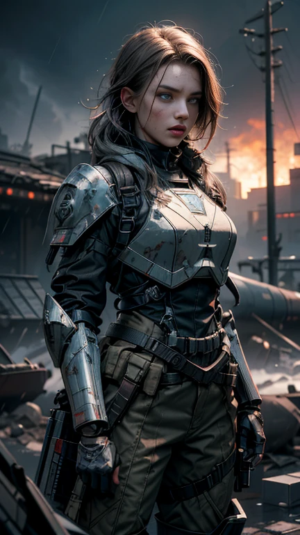 Postapocalyptic combat scene with a Beautiful hyperrealistic photograph of cute Young Swedish woman with Runic tattoos, ((dirty face Blood splattered)), (((wearing full heavy mecha armor, combat harness, Neon highlights))) Short Red Dreadlocks, combat pose, (((Holding on to the side of a combat Sci-Fi Combat helicopter))), exterior of Destroyed building, Fires, Smoke, debris, Camo netting, Ammo Boxes, Rain, Stormy, Wet, abstract beauty, near perfection, pure form, intricate detail, 8k post-production, High resolution, super Detail, trending on ArtStation, sharp focus, studio photos, intricate detail, Very detailed, By Greg Rutkowski