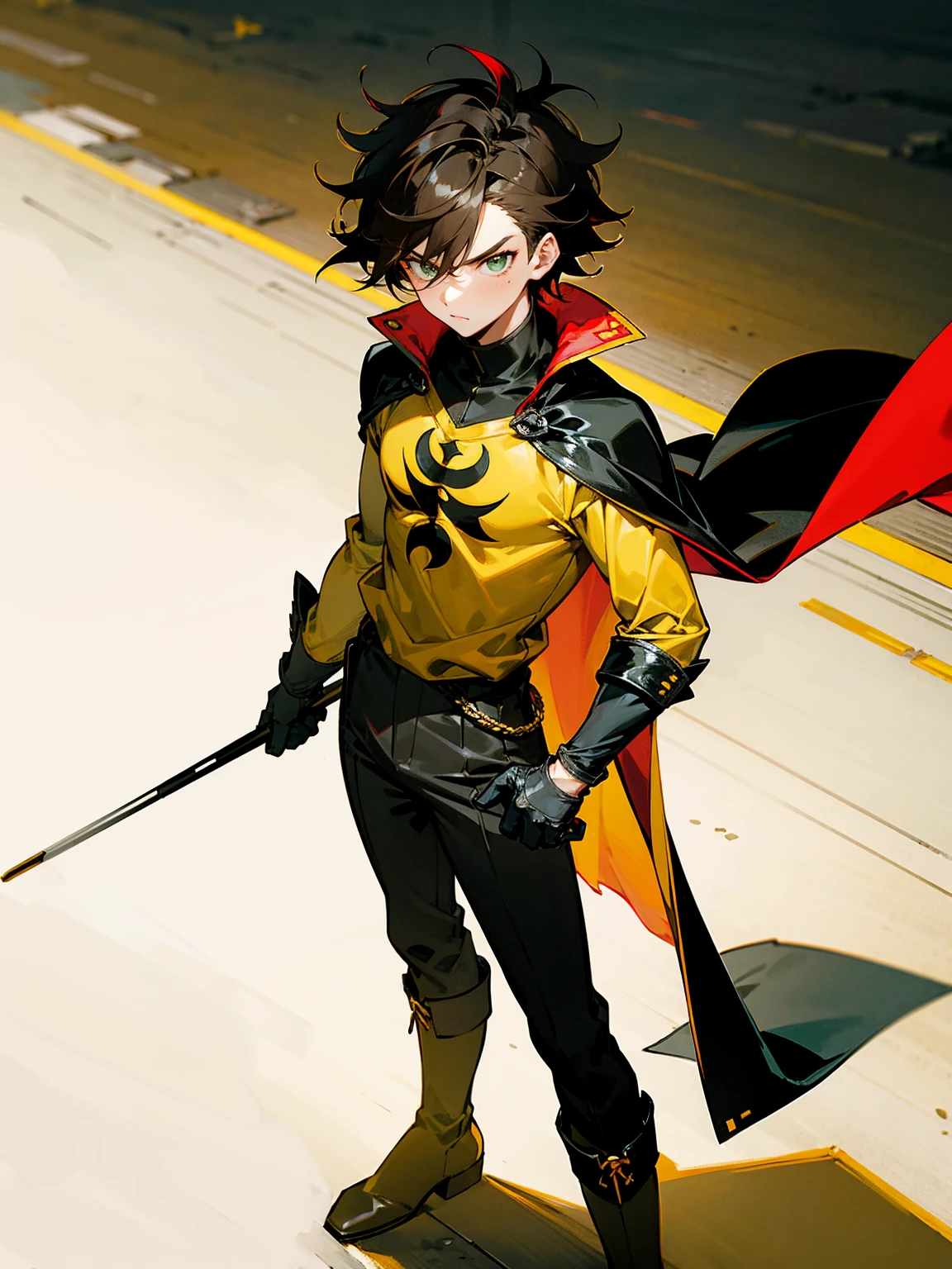 1male , Young Male , Red and Yellow T-Shirt with black fitted long sleeves under , Black Gloves, Green Boots , Robin Symbol on Shirt , Black and Cape, Messy Hair , Serious Expression , Standing on sidewalk