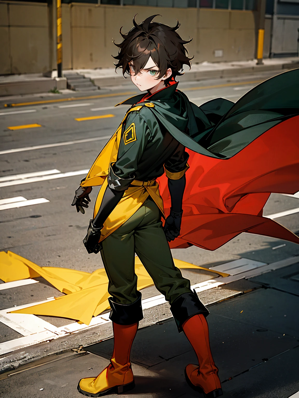 1male , Young Male , Red and Yellow T-Shirt with black fitted long sleeves under , Black Gloves, Green Boots , Robin Symbol on Shirt , Black and Cape, Messy Hair , Serious Expression , Standing on sidewalk