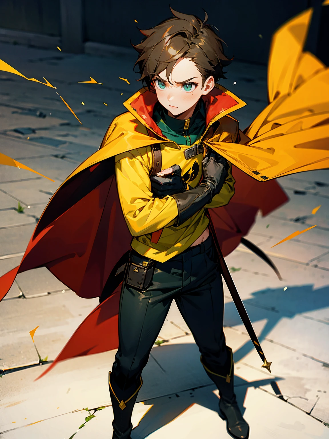 1male , Young Male , Red and Yellow T-Shirt with black fitted long sleeves under , Black Gloves, Green Boots , Robin Symbol on Shirt , Black and Cape, Messy Hair , Serious Expression , Standing on sidewalk, ((Robin Inspiration))