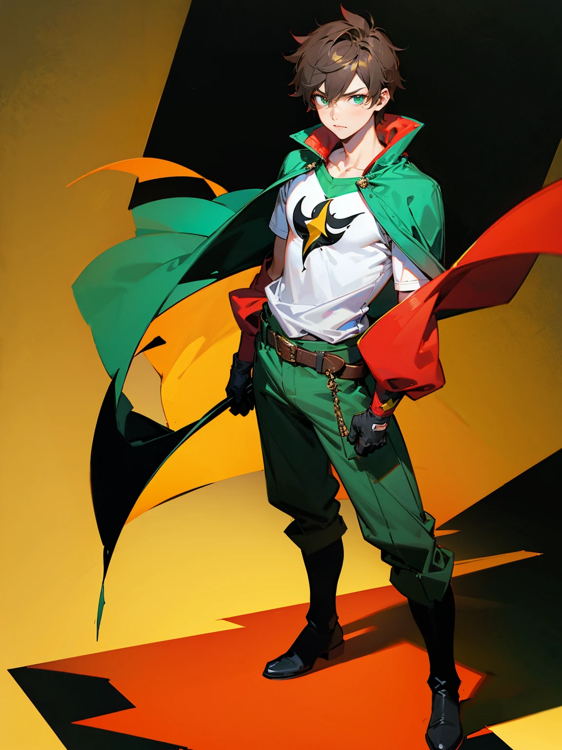 1male , Young Male , Red and Yellow T-Shirt with black fitted long sleeves under , Black Gloves, Green Boots , Robin Symbol on Shirt , Black and Cape, Messy Hair , Serious Expression , Standing on sidewalk, ((Robin Inspiration))