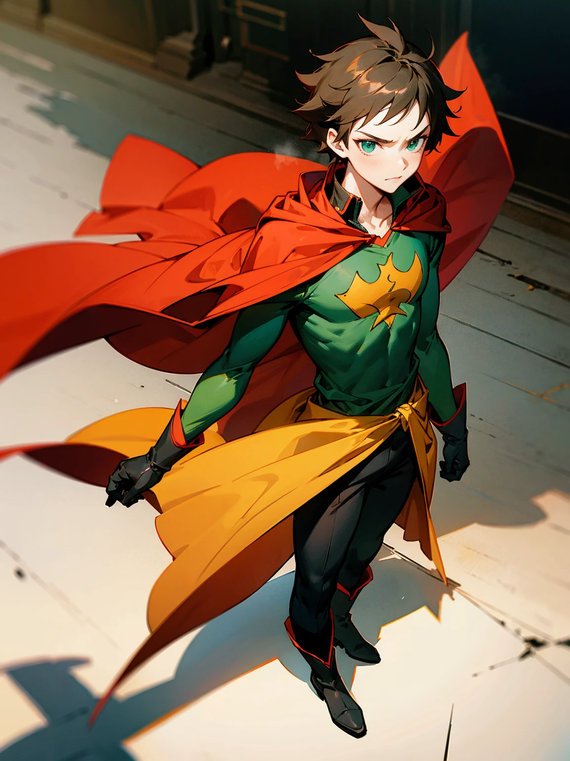 1male , Young Male , Red and Yellow T-Shirt with black fitted long sleeves under , Black Gloves, Green Boots , Robin Symbol on Shirt , Black and Cape, Messy Hair , Serious Expression , Standing on sidewalk, ((Robin Inspiration))